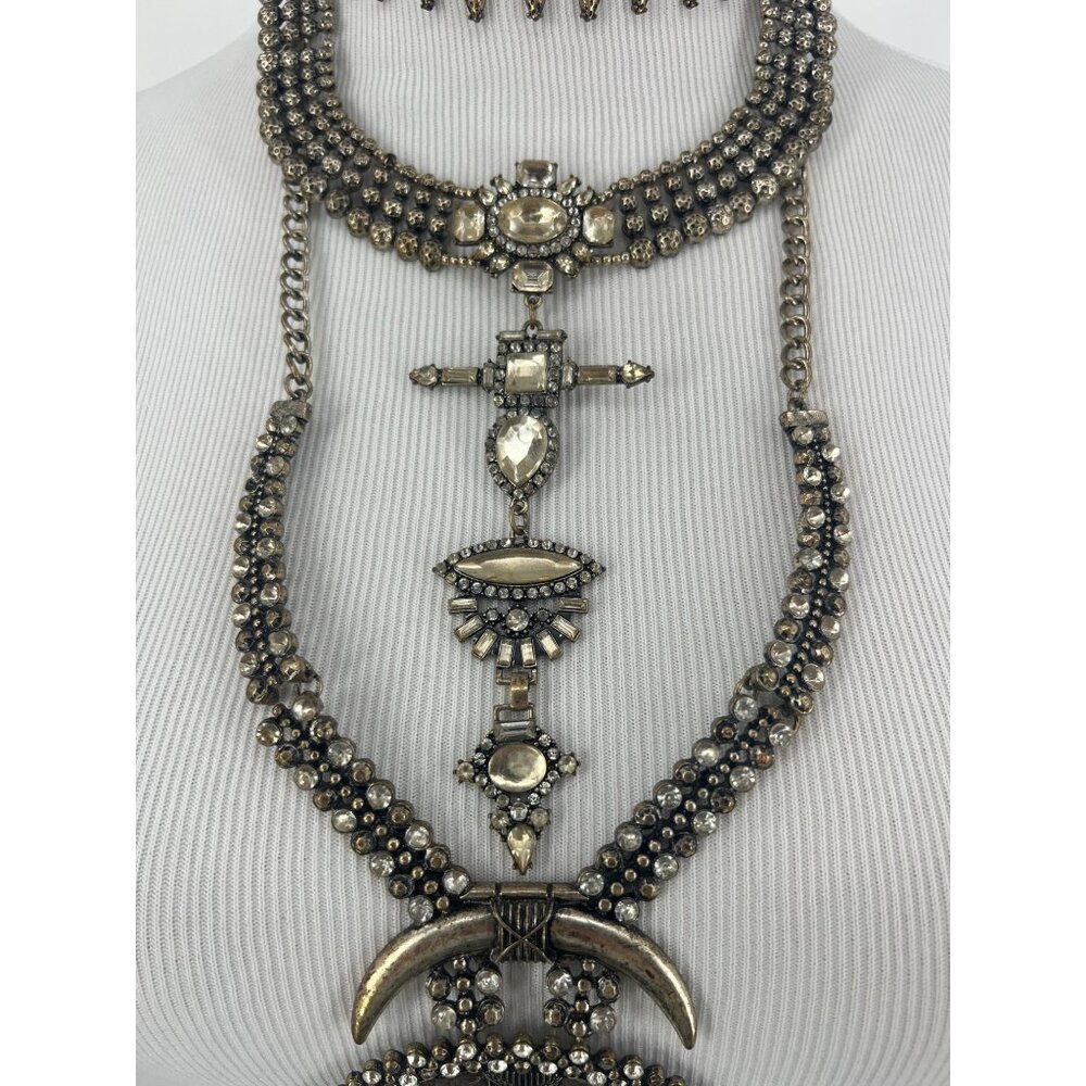 Free People Multilayered Antiqued Silver & Rhinestone Necklace - Picture 6 of 16